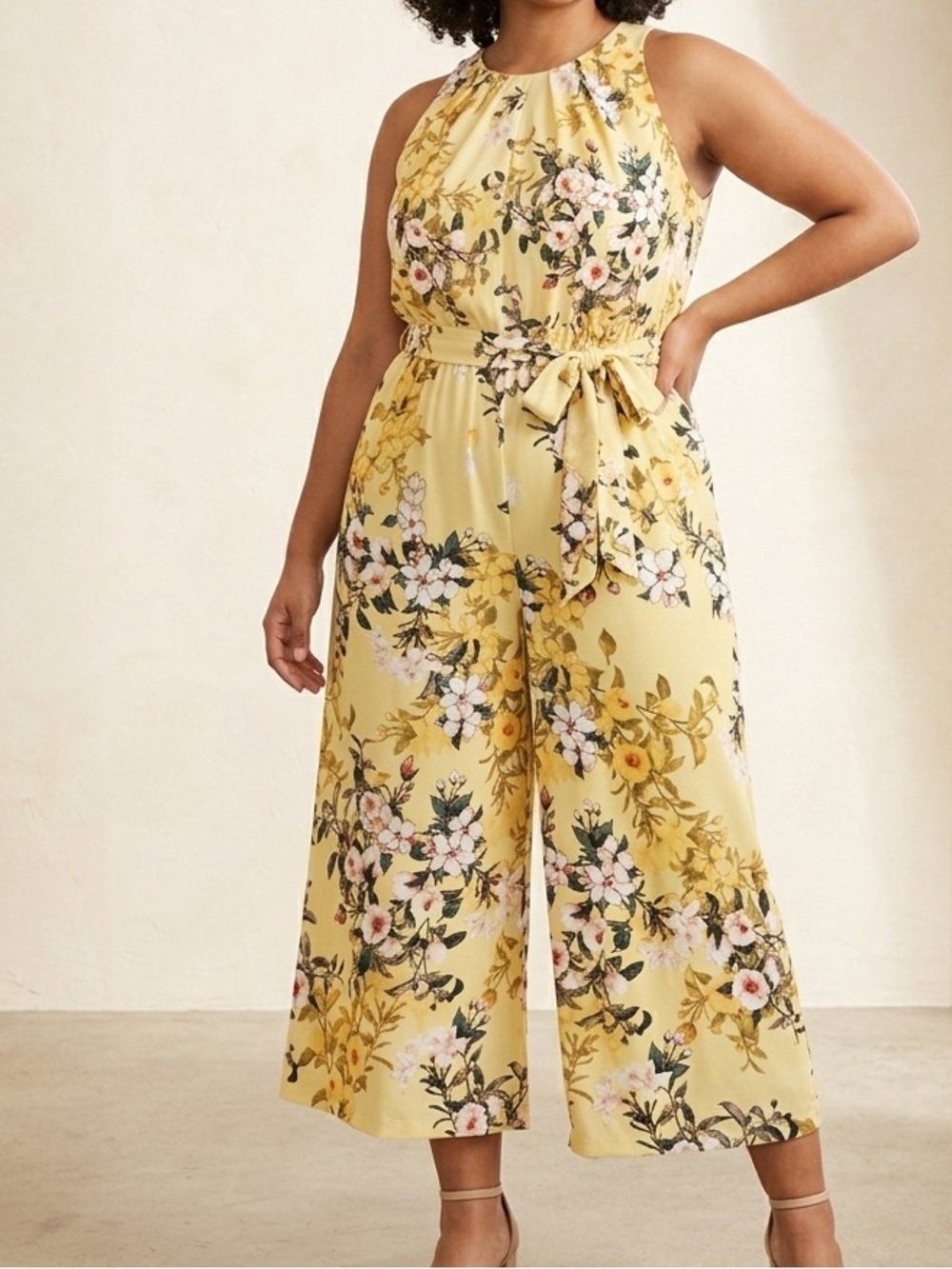 London Times Yellow Floral Halter Jumpsuit